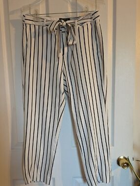 Banana Republic White Pants with Black Vertical Stripes and Tie Waist